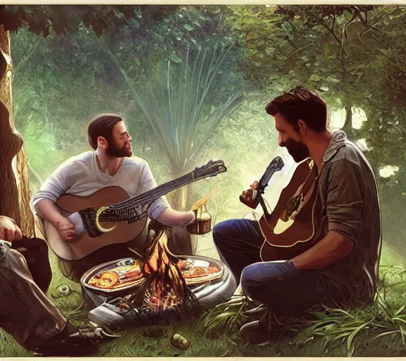 Image similar to three guys talking in the backyard with a barbecue and a bonfire, one guy playing guitar, evening, fantasy, intricate, elegant, highly detailed, digital painting, artstation, concept art, smooth, sharp focus, illustration, art by artgerm and H R Giger and alphonse mucha