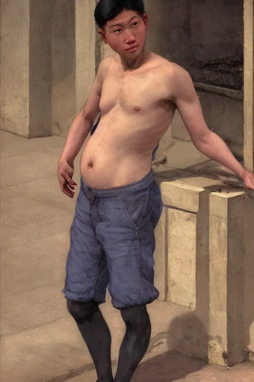 Image similar to Full-length portrait of a handsome!! young pregnant!! male on the streets of Hong Kong, wearing shorts, historically reliable photo chronicle, 1995, ultra detailed digital art, octane render, 4K, by John William Waterhouse and Edwin Longsden Long and Theodore Ralli and Nasreddine Dinet