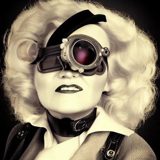 Image similar to dslr photo portrait still ofa young marlene dietrich wearing steampunk goggles, 8 5 mm, f 1. 8, photorealistic, 4 k, octane render, by wayne barlow,