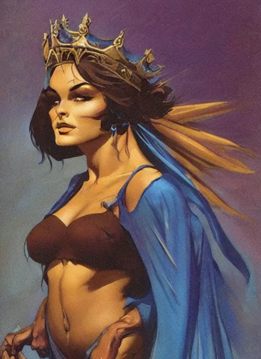 Image similar to mighty plump female sorceress, blue tiara, lightning strike above head, strong line, muted color, beautiful! coherent! by frank frazetta, by brom