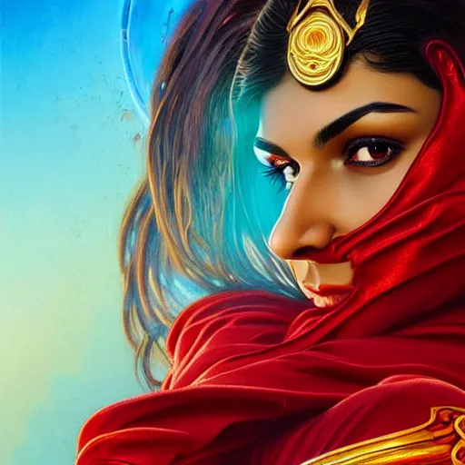 Prompt: mia khalifa as darna, wax figure, glowing eyes, volumetric lights, red and cyan theme, art nouveau botanicals, intricate, highly detailed, neo classical overall aesthetics digital painting, artstation, concept art, smooth, sharp focus, cinematic, illustration, beautiful face, art by artgerm and greg rutkowski and alphonse mucha