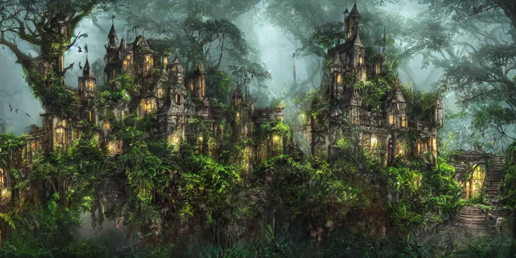 Image similar to a castle hidden in the jungle, overgrown with trees, misty, whimsical, fantasy art style, highly detailed, 4 k