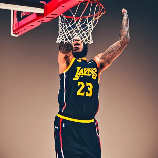 Image similar to photo of asian lebron james as an asian dunking a basketball, nikon d 7 3 0