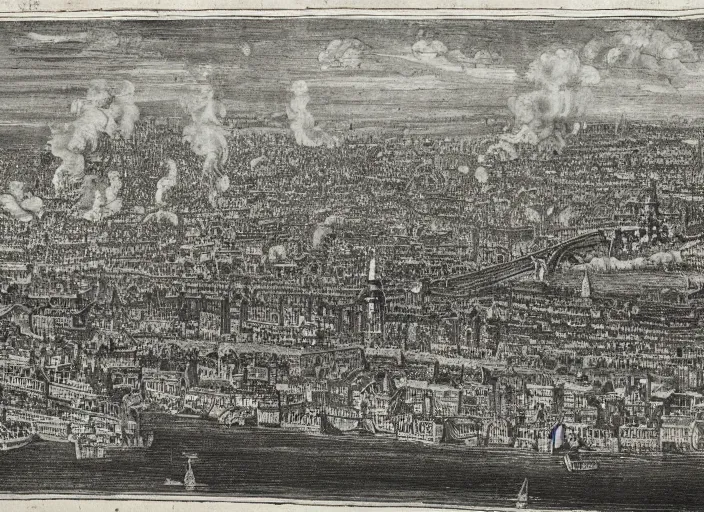 Image similar to detail from Hollar’s Panoramic view of London under attack, 1647