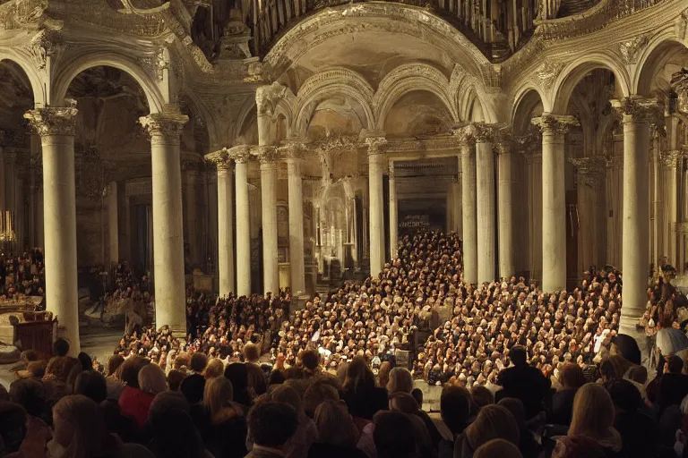 Image similar to medium size crowd listens to a hermeneutic pipe organ concert in a vast basilica, matte painting, scenic full shot, ambient lighting, detailed baroque oil painting by caravaggio and goya