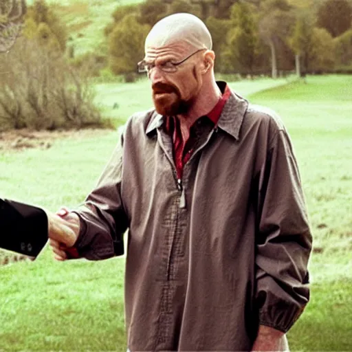 Prompt: walter white shaking hands with a bird