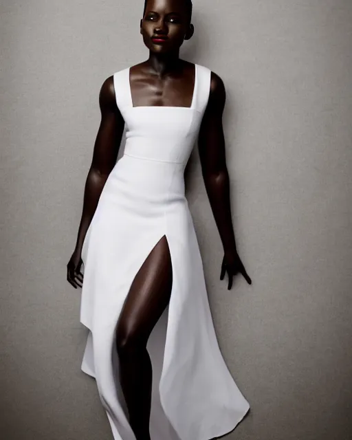 Image similar to Fully-clothed full-body portrait of Lupita Nyong'o wearing a white dress, XF IQ4, 50mm, F1.4, studio lighting, professional, 8K