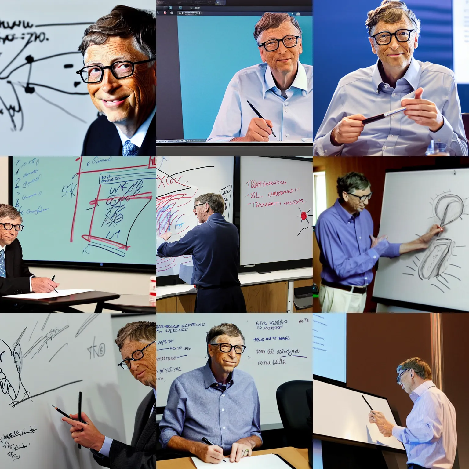 Prompt: Bill gates drawing a pene stilizzato on a whiteboard during a conference meeting 4k microsoft office presentation.