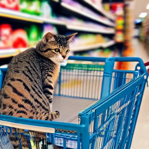 Prompt: photo of a cat pushing a shopping cart in a grocery store