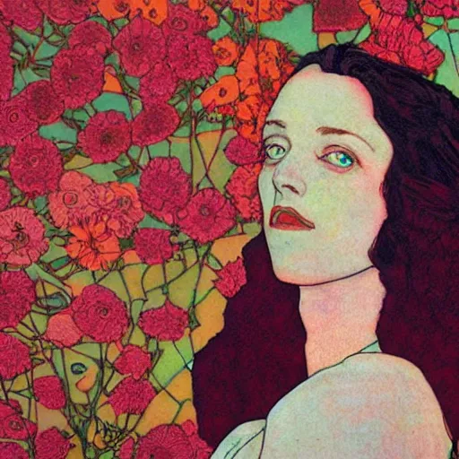 Prompt: a lot of flowers morphing in a beautiful girls face, film still by wes anderson, depicted by schiele, limited color palette, very intricate, art nouveau, highly detailed, lights by hopper, soft pastel colors, minimalist