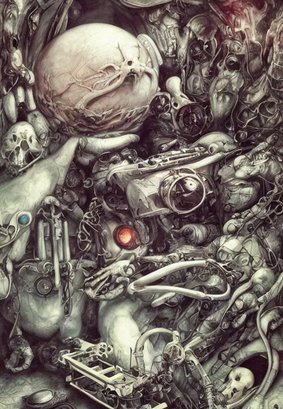 Image similar to simplicity, elegance, colorful medical equipment, cameras lenses, bones, radiating, minimalist environment, by ryan stegman and hr giger and esao andrews and maria sibylla merian eugene delacroix, gustave dore, thomas moran, the movie the thing, modern art, graffiti, saturated, in the style of bill sienkiewicz