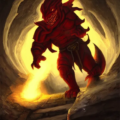 Image similar to A red Dragonborn monk, breathing fire at a huge troll that is climbing out of the Yawning Portal Tavern in Waterdeep, dynamic lighting, low angle, detailed acrylic painting, trending on artstation