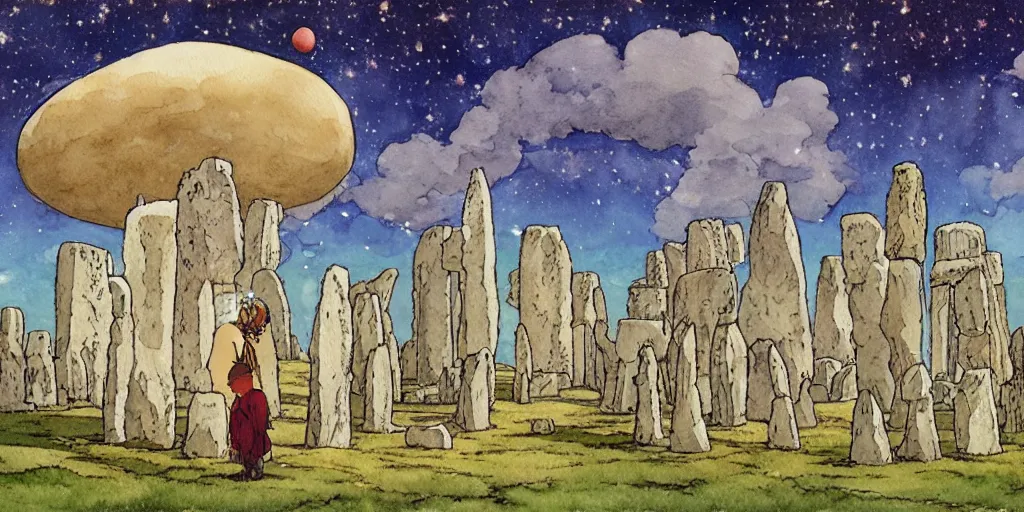 Image similar to a hyperrealist studio ghibli watercolor fantasy concept art of a giant medieval monk and a small grey alien in stonehenge with a starry sky in the background. a giant gold ufo is floating in the air. by rebecca guay, michael kaluta, charles vess