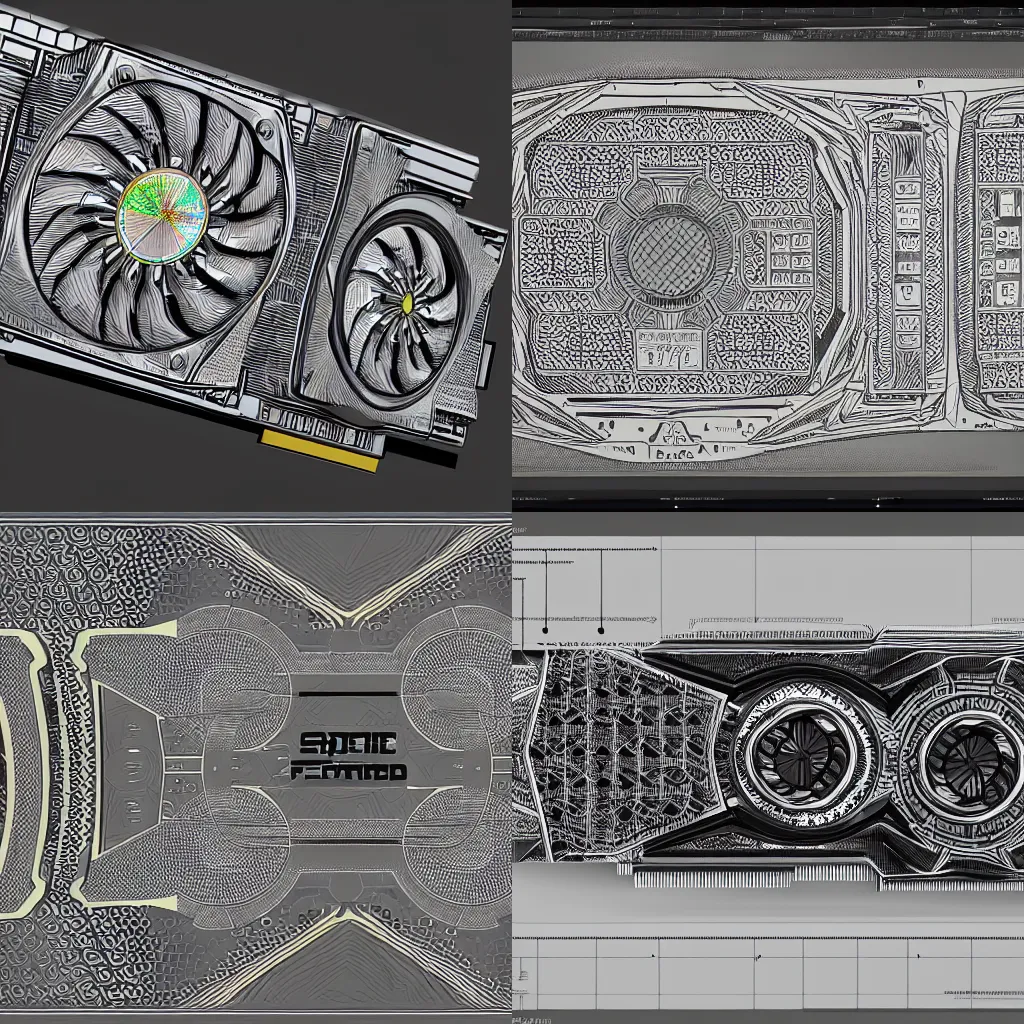 Prompt: technical drawing of a graphics card with intricate patterns and detailed annotations, scifi, computer, chip, technorganic, conceptual, Art by Yigit Koroglu, Artstation