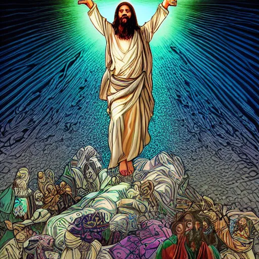 Prompt: the transfiguration of jesus christ, an ultrafine detailed illustration by james jean, intricate linework, bright colors, final fantasy, behance contest winner, vanitas, angular, altermodern, unreal engine 5 highly rendered, global illumination, radiant light, detailed and intricate environment