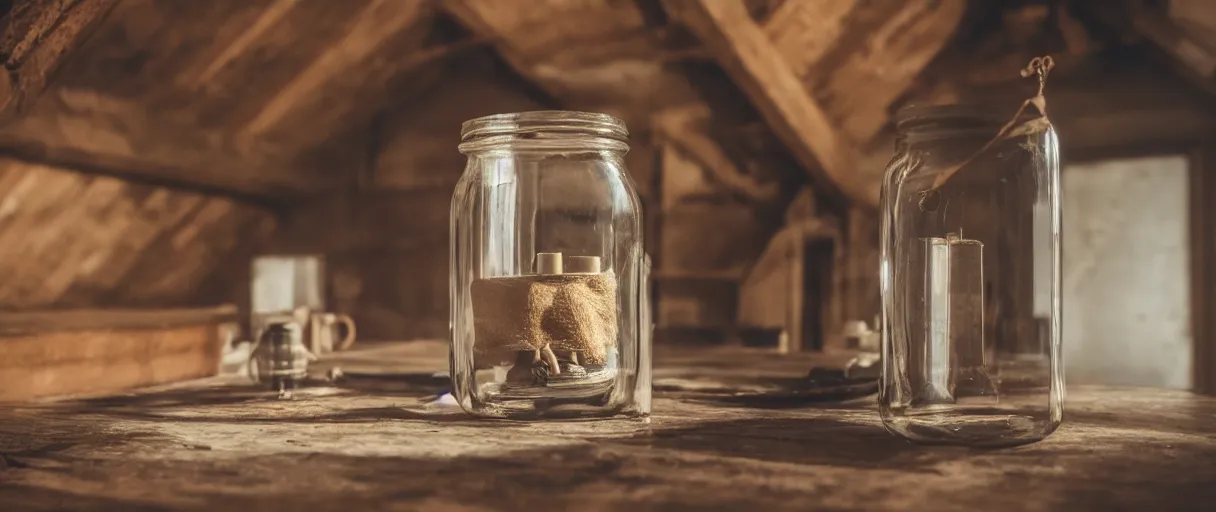 Prompt: a man making art inside of a jar, placed in an old attic, close up, beautiful atmosphere, haze, 4K