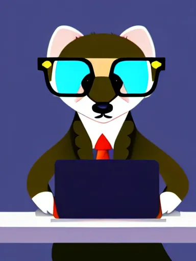 Prompt: beautiful furry art of ferret in a formal suit with laptop, high quality, extremely detailed, black glasses, hacking background, minimalism style