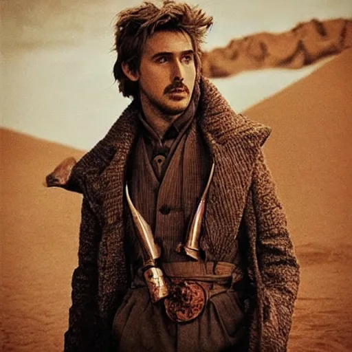 Image similar to pen and ink!!!! attractive 22 year old geotic George Harrison x Ryan Gosling golden!!!! Vagabond!!!! Dune floating magic swordsman!!!! glides through a beautiful!!!!!!! battlefield magic the gathering dramatic esoteric!!!!!! pen and ink!!!!! illustrated in high detail!!!!!!!! by Moebius and Hiroya Oku!!!!!!!!! graphic novel published on Cartoon Network MTG!!! 2049 award winning!!!! full body portrait!!!!! action exposition manga panel