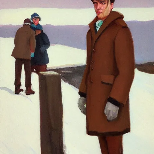 Prompt: a brown haired man wearing a snow suit, detailed, edward hopper, trending on artstation,