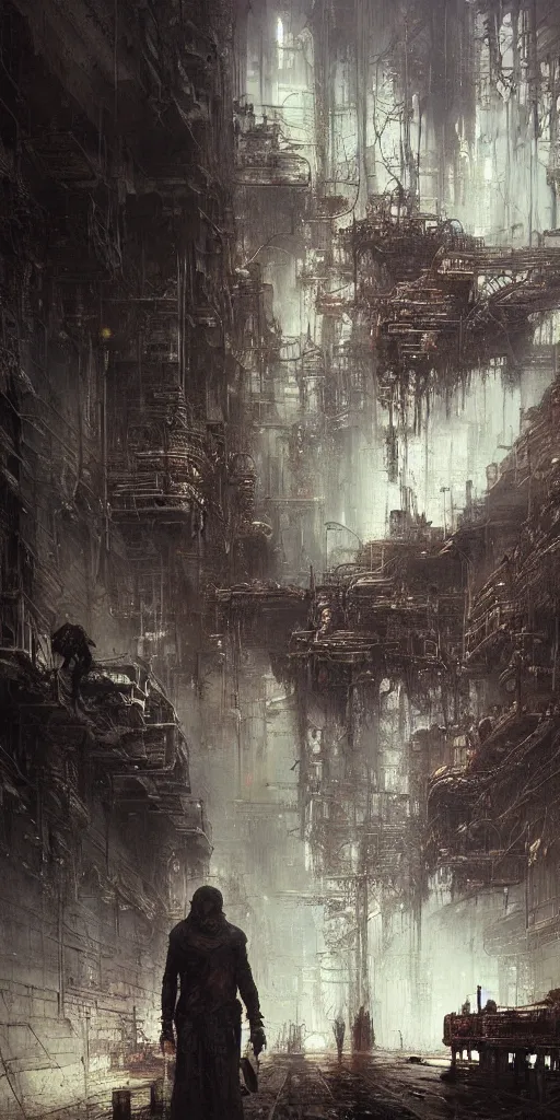 Prompt: lost and alone in an industrial cyberpunk wasteland by gustave dore and gustave moreau and beksinski and giger and craig mullins and jeremy mann