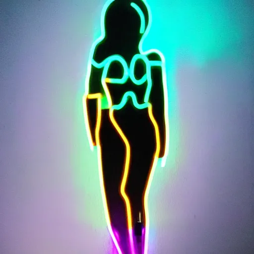 Prompt: a female cyborg humanoid neon lighting