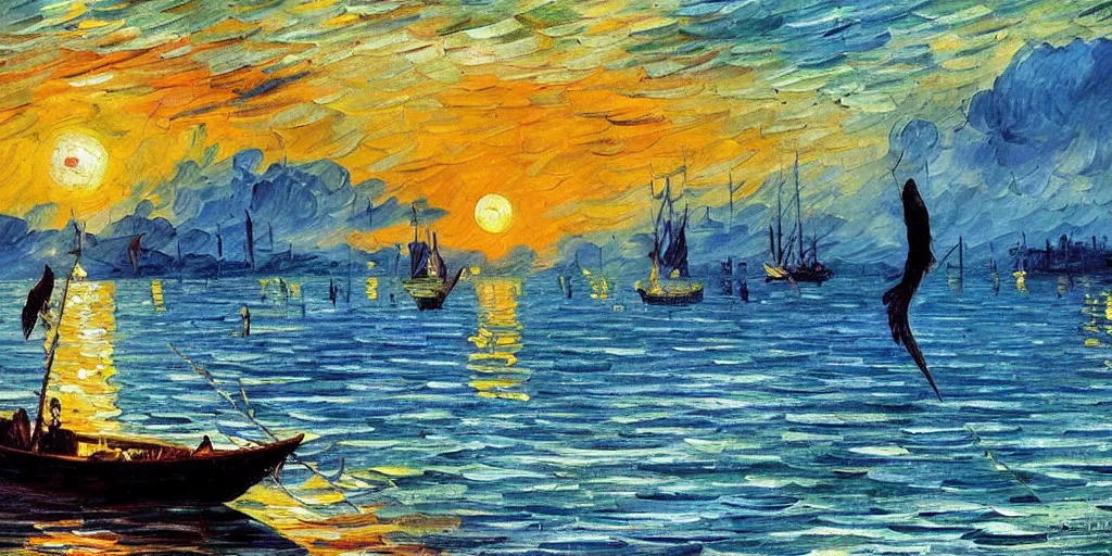 Image similar to rising sun ( ( ( fishing cormorant, fishing boat ) ) ) on the naples bay, by leonid afremov and van gogh and moebius, sharp details