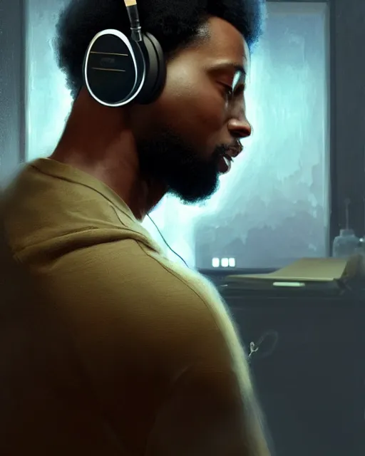 Image similar to light skin black man with headphones at his home studio producing music late at night, very detailed, 4 k, concept art like ernest khalimov, intricate details, highly detailed by greg rutkowski, ilya kuvshinov, gaston bussiere, craig mullins, simon bisley