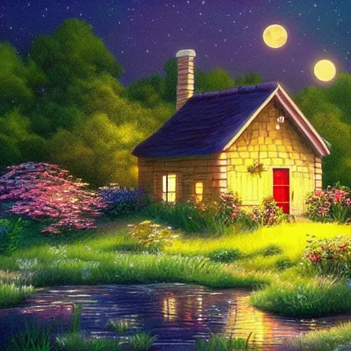 Prompt: beautiful cottage inspired by Evgeny Lushpin,cottages,flower meadow,midnight,full moon,cinematic