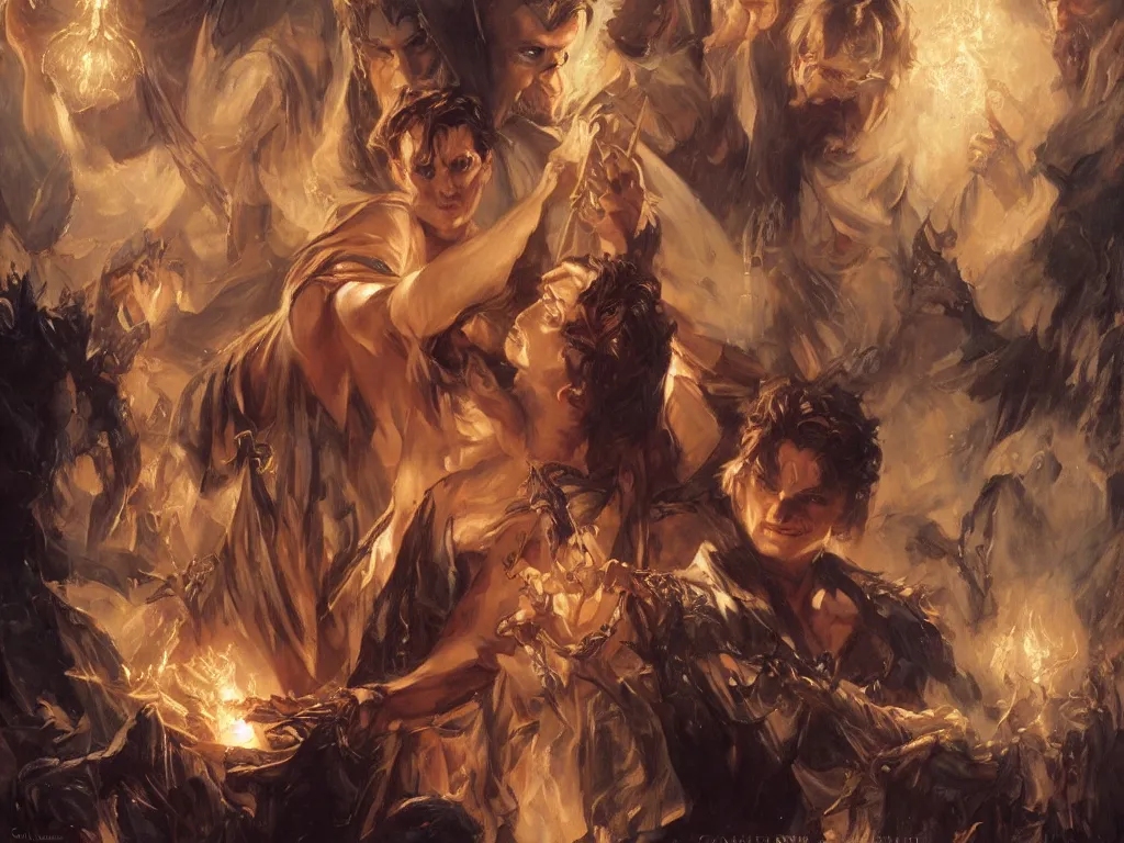 Image similar to attractive magician casts dark spell, summoning attractive lucifer morningstar. highly detailed painting by gaston bussiere, craig mullins, j. c. leyendecker 8 k