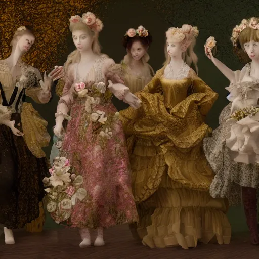 Image similar to 8k, octane render, realism, tonalism, renaissance, rococo, baroque, group of creepy young ladies wearing long flowers and skull dress, harajuku manga, background chaotic gold leaf flowers