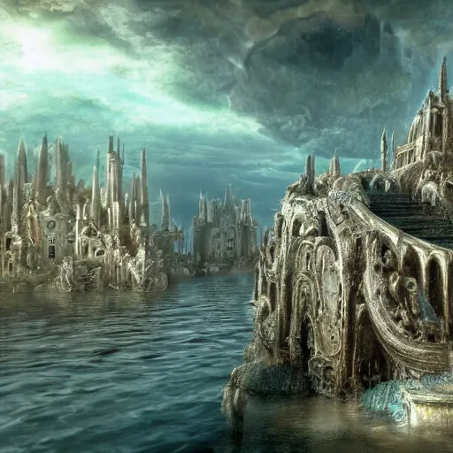 Image similar to The lost Atlantis appears in the multiverse, and the overall tone is atmospheric, hazy, magical, hyper-detailed and realistic，baroque style, realistic geometry, unreal engine 5, hyper realistic, insane details, reflections, best quality, cinematic, epic, 8k, octane render, atmospheric, ambient, volumetric lighting, ultra detail, surrealism,--ar 16:9