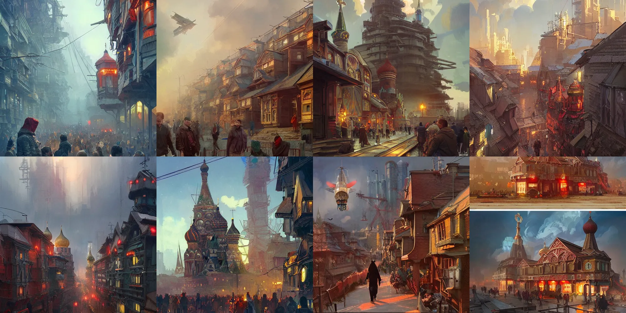 Prompt: Moscow, Orthodox cyberpunk, Wooden houses, enthusiastic crowd, red flags holiday, airships in the sky, cloudy sunny day, highly detailed, digital painting, artstation, concept art, illustration, art by Artgerm and greg rutkowski and alphonse mucha