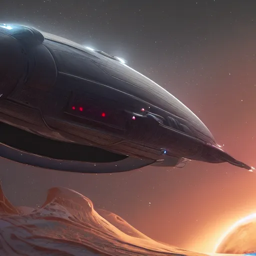 Image similar to portrait of a starship made of advanced tech, oval design, armor plating on nose, dotted with leds, smooth, graceful design, figree decorations, gyroscopic engines, flying above a dead planet, photo realism, unreal engine, trending on artstation