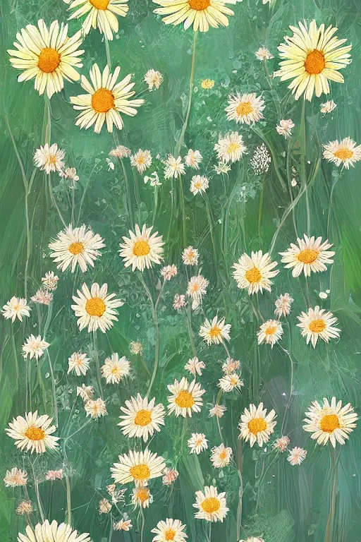 Prompt: beautiful digital matter cinematic painting of whimsical botanical illustration daisies and pearls by greg rutkowki and alena aenami artstation