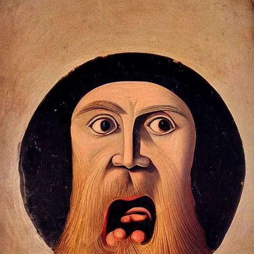 Image similar to portrait of ancient silly greek man with big eyes, sharp nose, and big open mouth. fine detail. artistic painting by lurid