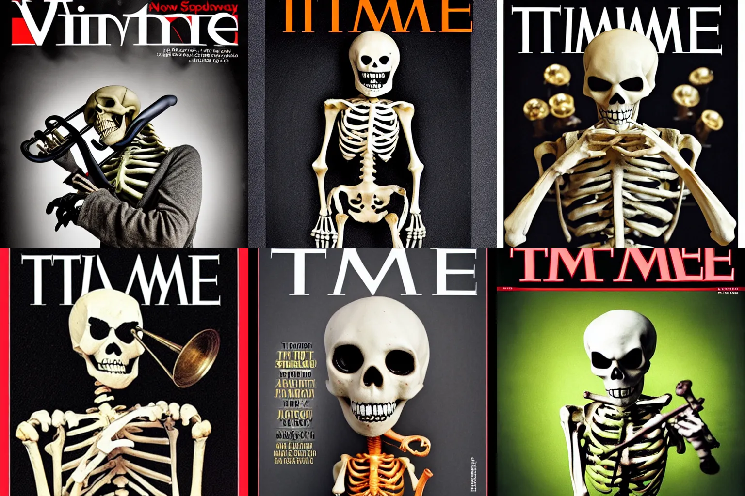 Prompt: a spooky scary skeleton playing the trumpet, award-winning photo, cover of TIME magazine