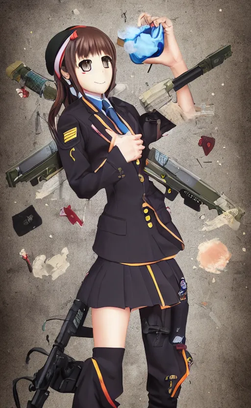 Prompt: toy photo, school uniform, portrait of the action figure of a girl, anime character anatomy, girls frontline style, collection product, dirt and smoke background, flight squadron insignia, realistic military gear, 70mm lens, round elements, photo taken by professional photographer, by shibafu, trending on instagram, symbology, 4k resolution, low saturation, empty hands, realistic military carrier