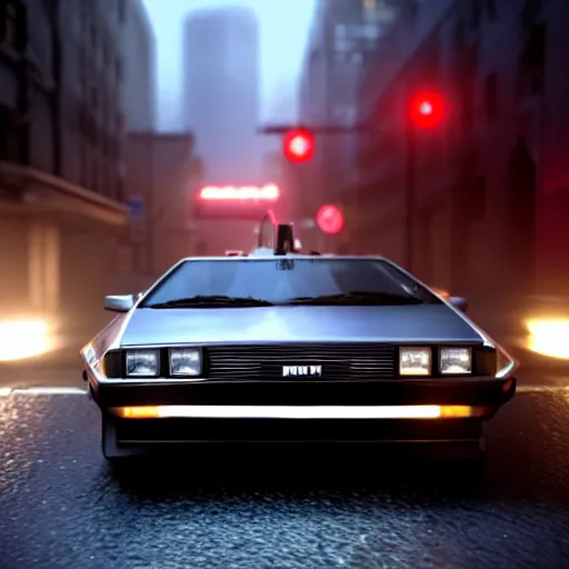 Image similar to hyperdetailed, photorealistic photograph of a dmc 1 2 delorean driving in the streets, rain, night, dense fog, hd, unreal engine 5