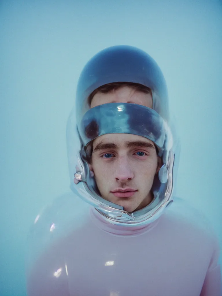 Image similar to high quality pastel coloured film portrait photograph of a beautiful young 2 0 year old male, soft facial features, short hair, wearing perspex space helmet and oversized inflated clothing!! icelandic black rock pool environment. atmospheric three point light. photographic. art directed. ( pastel colours ). volumetric. clearcoat. waves. 8 k. filmic.