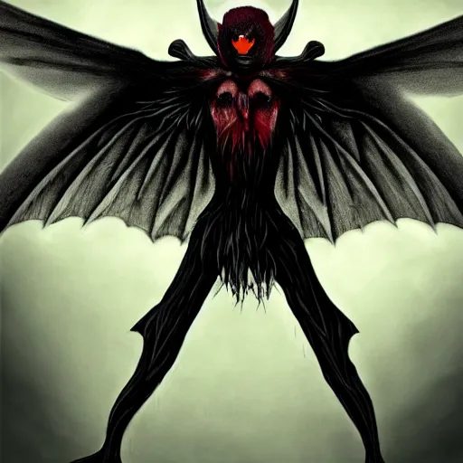 Image similar to 4K headshot of mothman holding something and bloody clothes with giant wings , intricate face , flawless anime cel animation by Kentaro Miura,psychedelic , highly detailed upper body , professionally post-processed , beautiful, scary, symmetry accurate features, epic, octane rendered, anime masterpiece, accurate