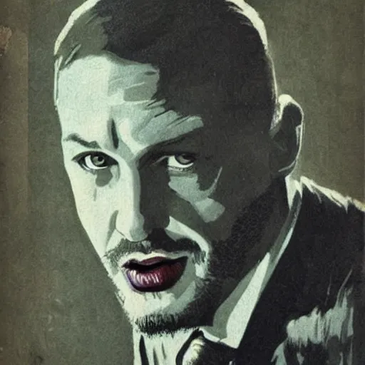 Image similar to “Tom Hardy portrait, color vintage magazine illustration 1950”