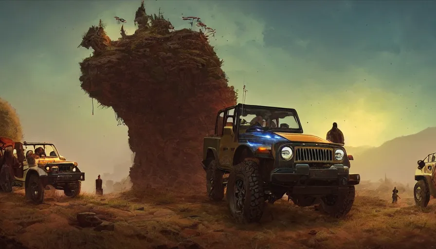 Prompt: Mahindra thar, tribe members watching nearby, an epic fantasy, dramatic lighting, cinematic, establishing shot, extremely high detail, photorealistic, cinematic lighting, artstation, by simon stalenhag, horizon forbidden west