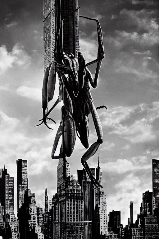 Image similar to a giant praying mantis destroys new york, horror sci - fi black and white poster