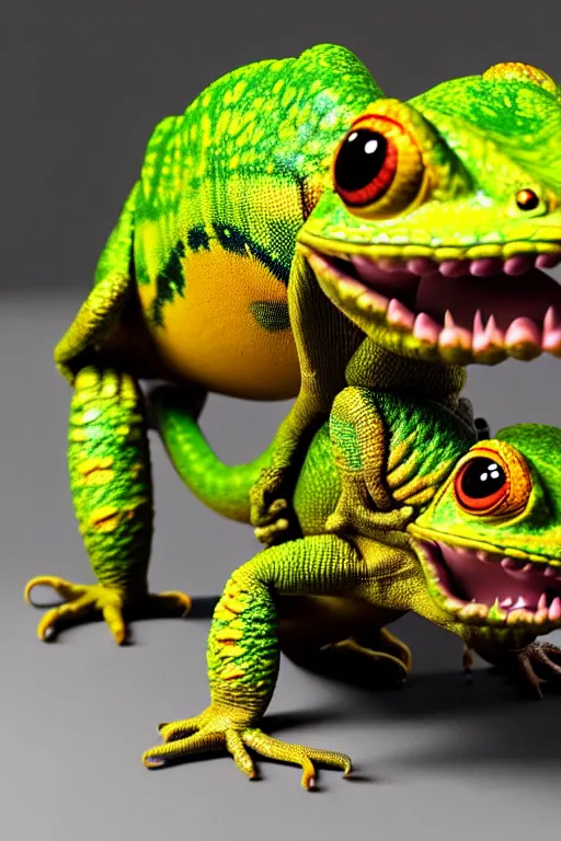 Prompt: high quality 3 d render hyperrealist very cute happy chameleon wearing armor, vray smooth, detective pikachu, very dramatic light, low angle, uhd 8 k, shallow depth or field