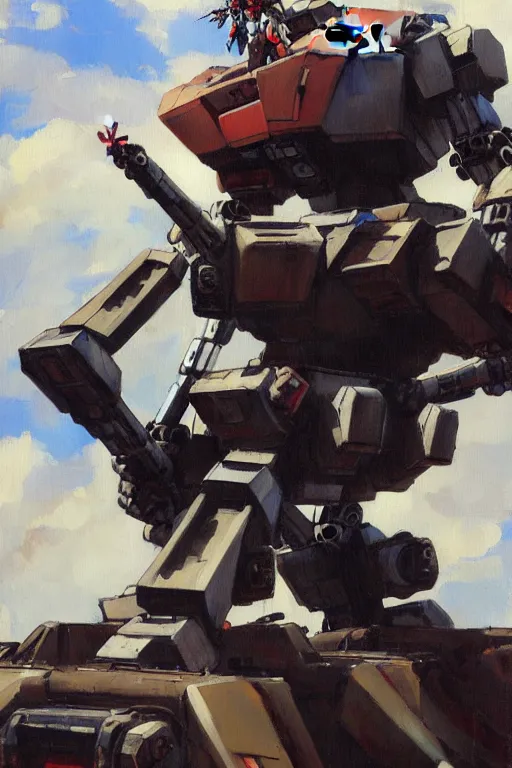 Prompt: Tank girl sitting on top of a Gundam robot mecha head, elegant, highly detailed, oil painting, fine art, concept art, smooth, flat brush strokes, illustration painted by Ashley wood, and Bill Sienkiewicz, balanced composition, medium closeup