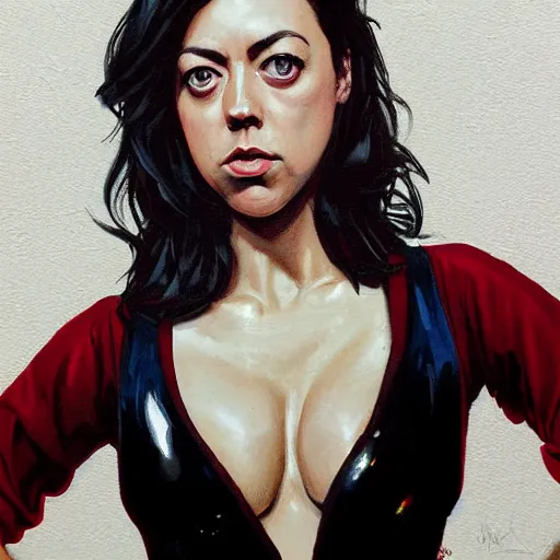Image similar to detailed painting of aubrey plaza wearing a playboy bunny outfit, really large bust, intricate features, 8 k, by greg rutkowski, artgerm, derelict schoolyard.