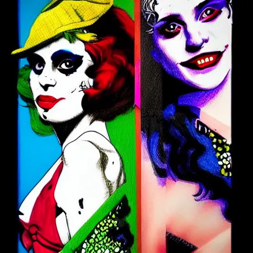 Prompt: mimmo rottela drawing joaquin phoenix skinny joker holding hand lady gaga harley queen, photorealistic, intricate details, pop art image,