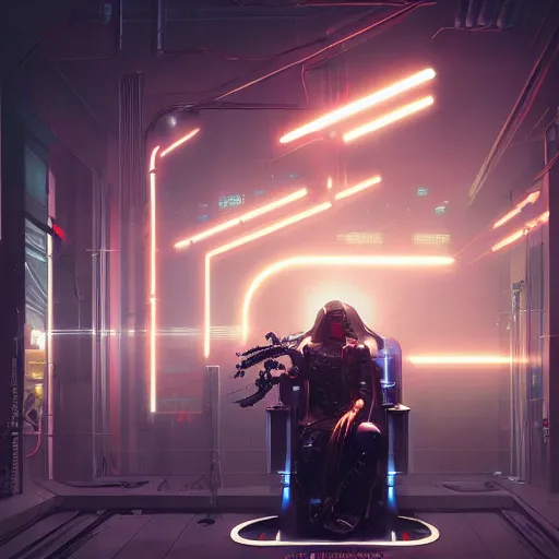 Prompt: cyberpunk cyborg bionic neon lights electricity sparks napoleon royal digital throne greg rutkowski