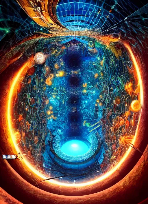 Image similar to the machine universe encounters a living cosmos inside an asymmetric orthogonal non - euclidean upside down inside out world with an infinite cosmic spiral waterfall of living information, inspired by android jones, hyperrealistic, digital art, futuristic sci - fi concept art, rendered in cinema 4 d, cryengine 4 k