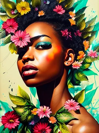 Image similar to portrait of an black woman with a floral background : : painted by artgerm, karol bak, artur bordalo, sandra chevrier : : portrait, character, illustration, hyperrealism, photorealism